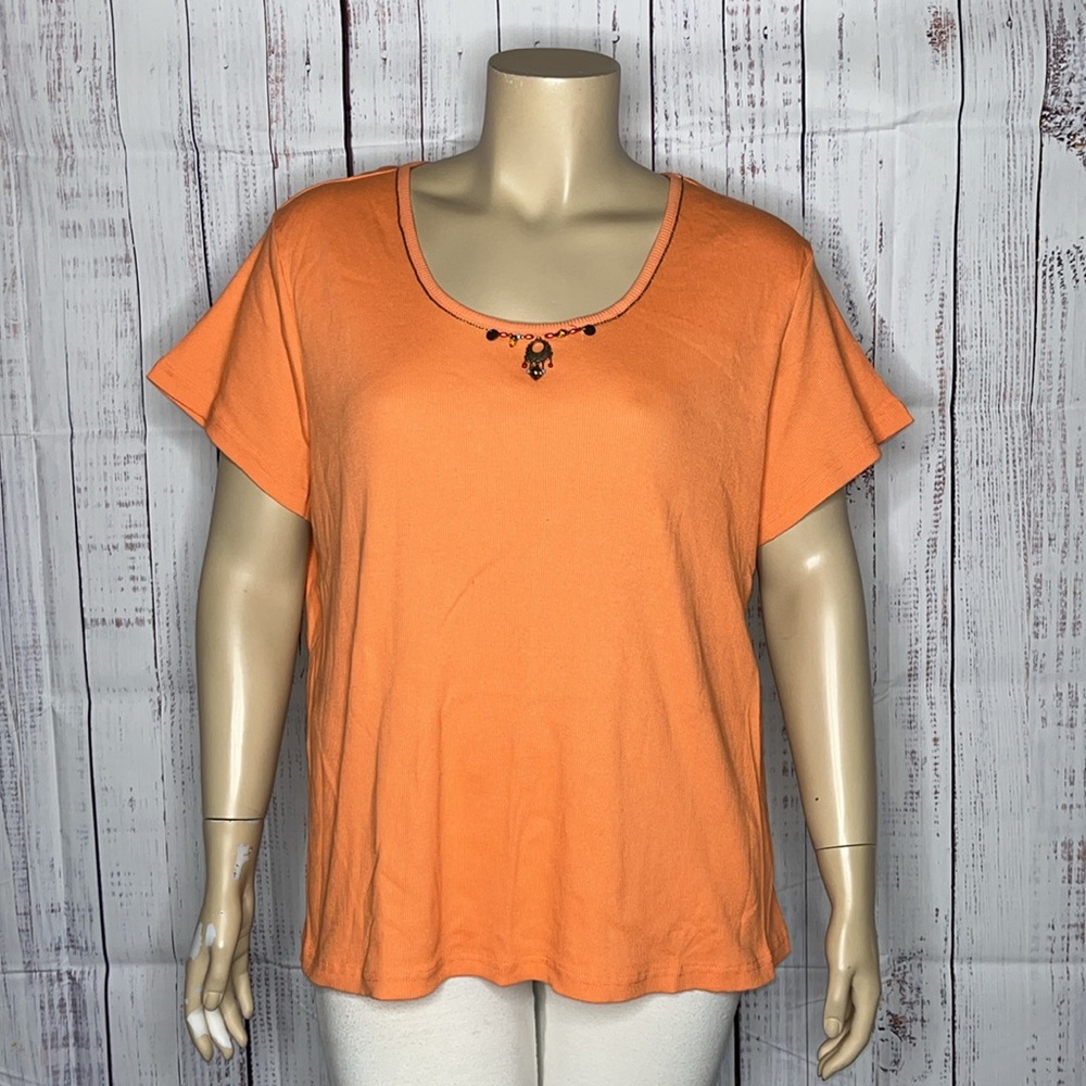 Avenue NWT Size 30/32 Orange Bead Embellished Short Sleeve Ribbed Knit Top Shirt